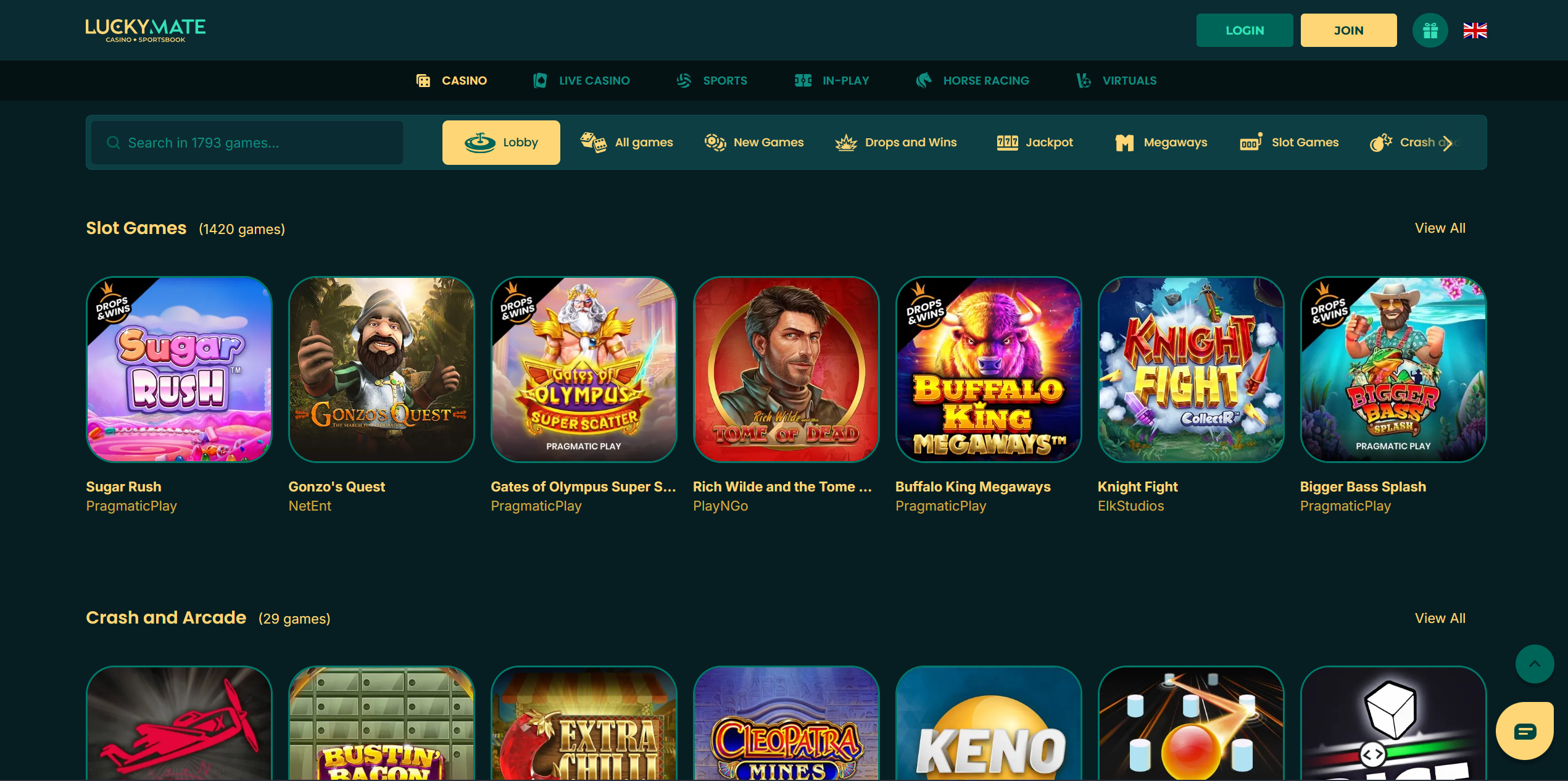 Lucky Mate Casino homepage with game lobby