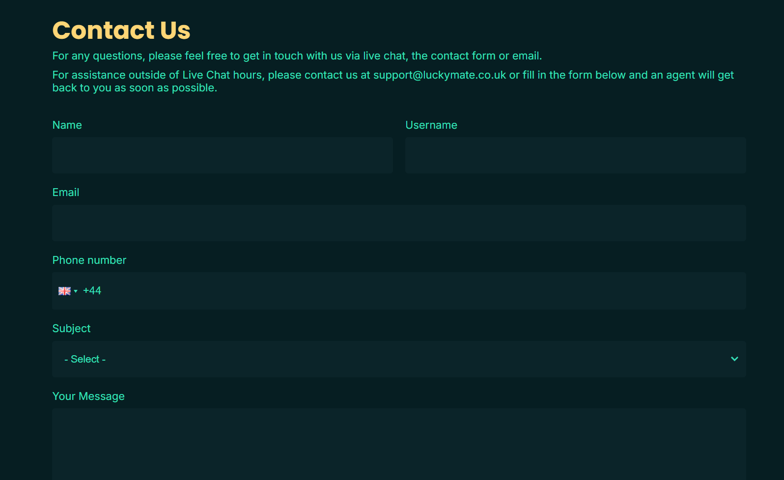 Lucky Mate Casino contact us form